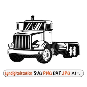Puede incluir: Ilustración en blanco y negro de un camión de plataforma con un remolque de plataforma. El camión tiene una parrilla delantera detallada y neumáticos grandes.
