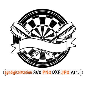 May include: Black and white illustration of a dartboard with two darts and a banner. The dartboard is round with a checkered pattern and a bullseye. The banner is blank. The image also includes the text "Lyndigitalstation SVG PNG DXF JPG AI".