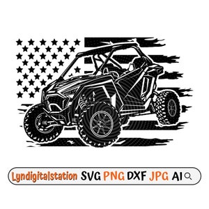 May include: Black and white silhouette of a side-by-side off-road vehicle driving over a distressed American flag. The vehicle has a roll cage and four large wheels. The flag is in the background and has a distressed look.