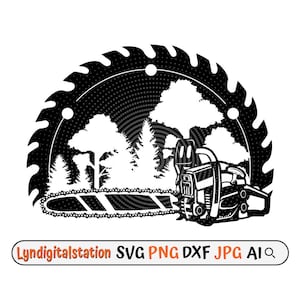 May include: Black and white silhouette of a chainsaw cutting through a forest. The chainsaw is in the foreground and the trees are in the background. The chainsaw is a circular saw blade with a chain attached to it. The trees are tall and thin. The image is a graphic design.
