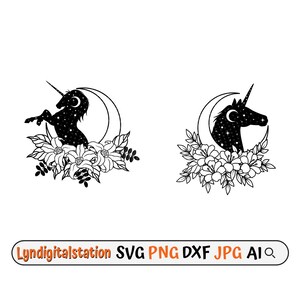 May include: Two black and white silhouette designs of a unicorn with a crescent moon and floral accents. The unicorn on the left is standing on its hind legs, while the unicorn on the right is facing right. Both unicorns have a starry sky pattern.