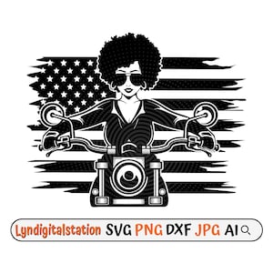 US Afro Girl Rider Svg | Rider Clipart | Afro woman Biker Cut File | Black Woman Stencil | African American Woman T-shirt Design | Dxf | Png