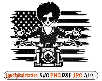 US Afro Girl Rider Svg | Rider Clipart | Afro woman Biker Cut File | Black Woman Stencil | African American Woman T-shirt Design | Dxf | Png