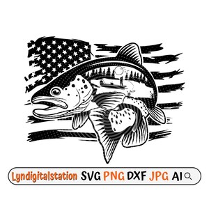 May include: Black and white silhouette of a trout fish jumping out of the water with a forest and a fisherman in the background. The fish is superimposed over a distressed American flag.