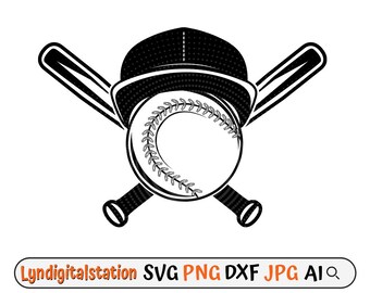 Baseball Svg | Crossed Baseball Bat with Cap & Ball Clipart | Softball Cut File | Baseball Cap Stencil | Baseball T-shirt Design | Dxf | Png