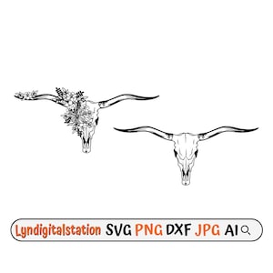 Long Horn Cow Svg | Floral Cow Head Clipart | 2 Cow Head Skull Cut File | Bull Stencil | Cow T-shirt Design | Long Horn Head Skull Dxf | Png