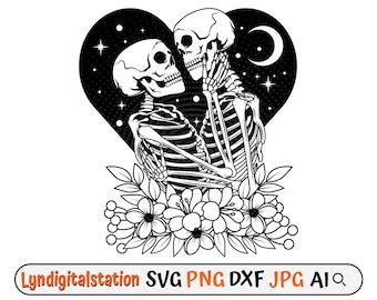 Lover Skeleton Svg / Skull Lover Clipart / Skeleton Romance Cut File / Floral Skull Lover Stencil / Dead Romance T-shirt Design / Dxf / Png