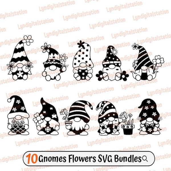 10 Gnomes Flower Bundles Svg | Cute Gnomes Clipart | Garden Ornament Cut File | Earth Spirit Stencil | Floral Elfs Tshirt Design | Dxf | Png