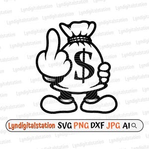 Svg borsa porta soldi / Clipart dito medio borsa porta soldi / File di taglio simbolo dollaro / Stencil simbolo monetario / Design maglietta borsa porta soldi / Mascotte DXF / PNG