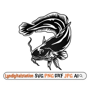 Può includere: Silhouette in bianco e nero di un pesce gatto con un motivo a spirale sul corpo. Il pesce gatto sta nuotando verso l'alto con la bocca aperta.