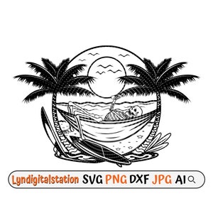May include: Black and white illustration of a skeleton relaxing in a hammock between two palm trees on a beach. The skeleton is holding a drink and there is a surfboard in the foreground.