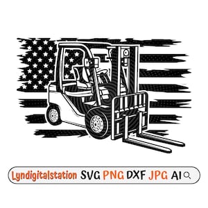 May include: Black and white illustration of a forklift with a distressed American flag background. The forklift is facing the right side of the image.