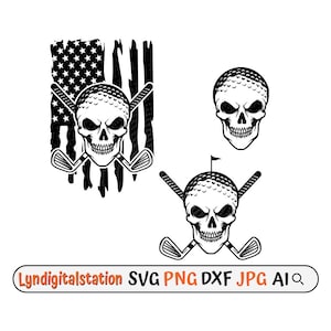 May include: Black and white graphic design of a skull with a golf ball for a head and crossed golf clubs. The skull is shown in three different variations: one with a distressed American flag background, one with a golf flag, and one without any background.