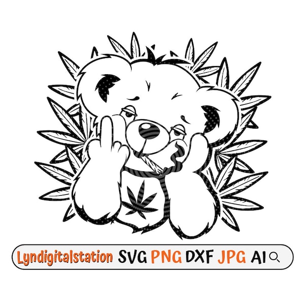 Stone Teddy Svg | Smoking Teddy Clipart | Weed Teddy Fuck You Cut File | Smoking Joint Stencil | Cannabis T-shirt Design | WeedlifeDxf | Png