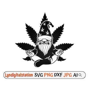 May include: Black and white illustration of a gnome meditating with a marijuana leaf behind him. He is wearing a hat with stars and a blindfold.