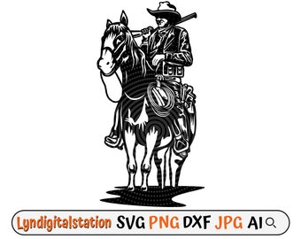 Cowboy Svg | Rodeo Clipart |  Cowboy Horse Riding Cut File |  Western Country Stencil | Horse Riding T-shirt Design | Bull Rider Dxf | Png