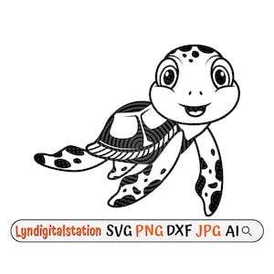 May include: Black and white line art illustration of a cartoon sea turtle with a smiling face. The turtle is swimming with its flippers outstretched.