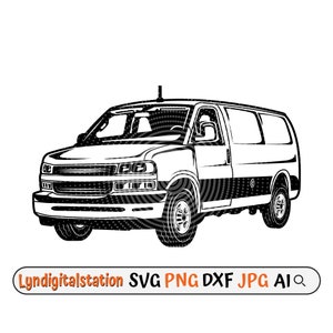 May include: Black and white line art illustration of a van. The van has a large front grill and a side door. The van is on a white background.