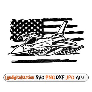 May include: Black and white illustration of a fighter jet flying over an American flag. The flag is distressed and has a grunge effect. The jet is detailed with guns and a cockpit.