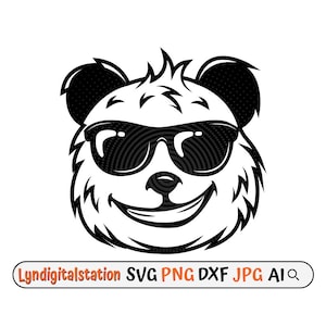 May include: Black and white illustration of a panda wearing sunglasses and smiling. The panda has a fuzzy face and large, round ears.