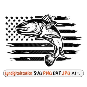 May include: Black and white illustration of a fish jumping out of the water in front of a distressed American flag.