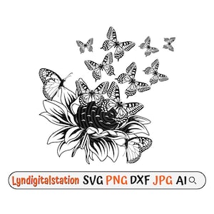 Sonnenblume mit Schmetterling | Schmetterling Sonnenblume Clipart | Sonnenblumen Datei | Blumen Schablone | Blumenladen T-Shirt Design | Dxf | Png