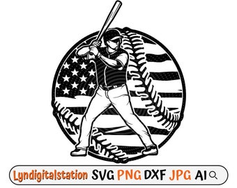 May include: Black and white illustration of a baseball player swinging a bat in front of a baseball with the American flag design. The baseball player is wearing a baseball cap, jersey, and pants.