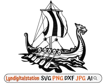 Viking Ship Svg | Viking Boat Clipart | Dragon Boat Cut File | Ancient Nordic Stencil | Sea Vessel Tshirt Design | Stripe Longship Dxf | Png