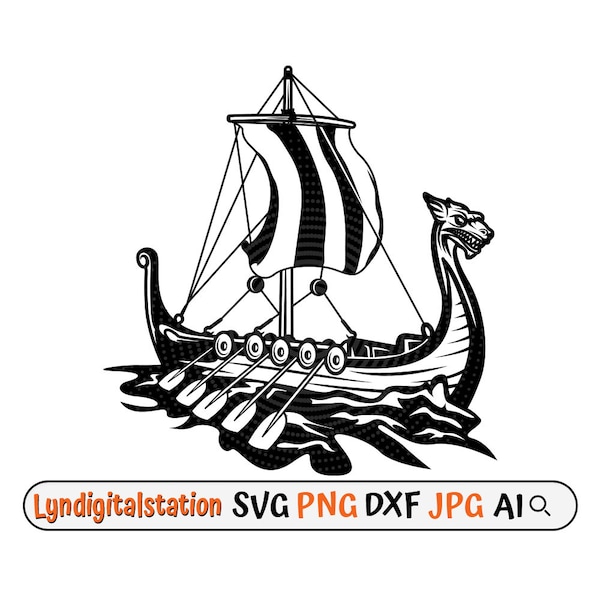 Wikinger Schiff | Wikinger Boot Clipart | Drachenboot Datei | Uralte nordische Schablone | Seeschiff Tshirt Design | Streifen Langschiff Dxf | Png