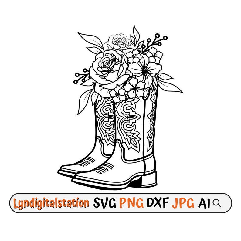 May include: A pair of black and white cowboy boots with a floral arrangement inside. The boots have a pointed toe and a high heel. The flowers are roses and other small flowers.
