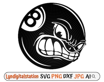 8Ball Svg | Angry Billiard Ball Clipart | Pool Balls Cut File | Eight Billiard Ball Stencil | Billiard Player Tshirt Design | Ball Dxf | Png