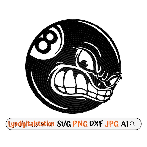 8Ball Svg | Angry Billiard Ball Clipart | Pool Balls Cut File | Eight Billiard Ball Stencil | Billiard Player Tshirt Design | Ball Dxf | Png