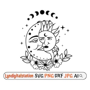 Sun and Moon Celestial Svg | Floral Moon & Sun Clipart | Moon Phases Cut File | Man and Woman Stencil | Mystical T-shirt Design | Dxf | Png