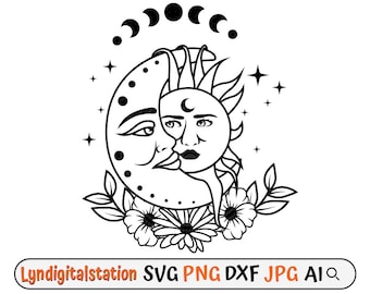 May include: Black and white illustration of the sun and moon embracing, with floral accents and phases of the moon above. The text "Lyndigitalstation SVG PNG DXF JPG AI" is displayed below the image.