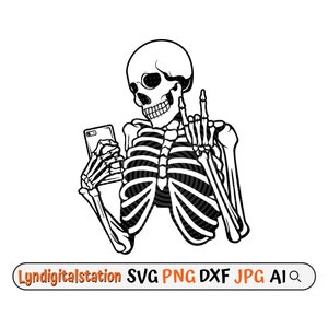 May include: Black and white illustration of a skeleton holding a smartphone and giving a rock and roll hand gesture.