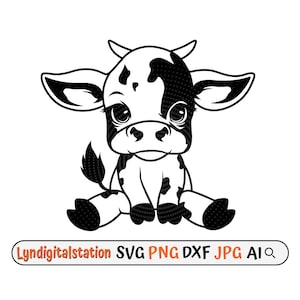 Cute Cow Svg | Baby Cow Clipart | Young Cow Cut File | Farm Animal Stencil |Toddler Cow T-shirt Design | Sitting Calf Dxf | Kid Heifer Png