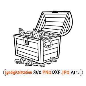 Scrigno del tesoro Svg / Pirate Treasure Clipart / Jewels Box Cut File / Diamonds Stencil / Treasure Hunting T-shirt Design / Pirate Dxf / Png