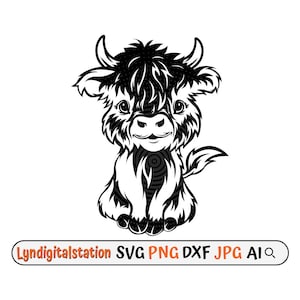 May include: Black and white illustration of a cute, cartoon Highland cow with a fluffy mane and tail. The cow is sitting with its legs crossed and has a friendly expression on its face.