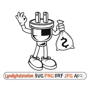 May include: A cartoon illustration of an electrical plug holding a bag of money. The plug has arms and legs and is wearing shoes. The plug is smiling and giving a thumbs up.