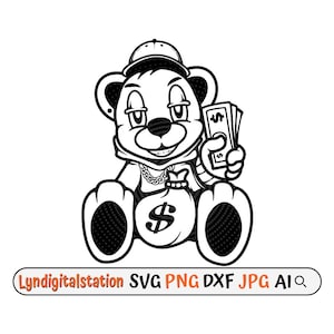 Rich Teddy Svg / Teddy con Money Bag Clipart / Gangster Teddy Cut File / Teddy con Cap Stencil / Hooligan Bear T-shirt Design / Dxf / Png
