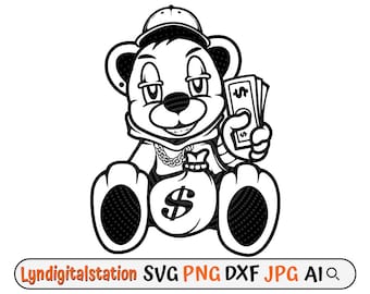 Rich Teddy Svg | Teddy with Money Bag Clipart | Gangster Teddy Cut File | Teddy with Cap Stencil | Hooligan Bear T-shirt Design | Dxf | Png