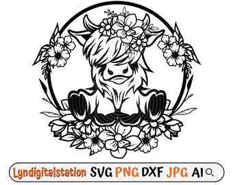 Floral Highland Cow Svg | Highland Cow with Flower Clipart | Floral Farm Animal Cut File | Heifer Stencil | Cow T-shirt Design | Dxf | Png