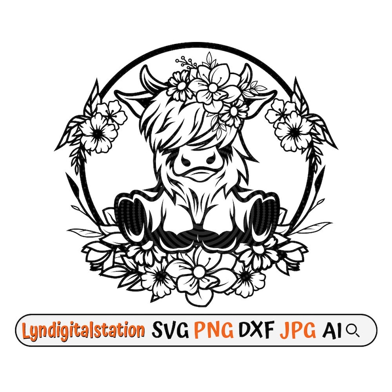 May include: Black and white line art illustration of a Highland cow with a floral wreath around its head. The cow is sitting down and surrounded by flowers.