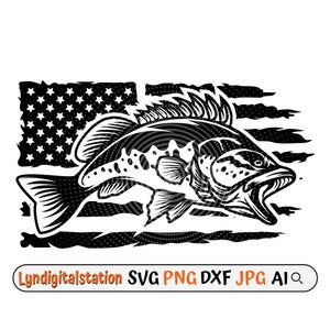 USA Bass Fish Svg | USA Fish Clipart | Lake Fish Cut File | Aquatic Marine Life Stencil | Marine Fish Tshirt Design| Fish Dxf | USA Flag Png