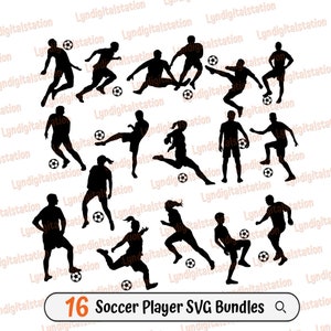 Soccer Player Bundles Svg | Athlete Ball Clipart | Men and Women Soccer Cut File | Team Game Stencil | 16 Soccer T-shirt Design | Dxf | Png