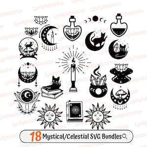 Può includere: Un set di 18 bundle SVG mistici e celesti in bianco e nero. Le immagini includono una luna crescente, un sole, un gatto, una candela, una bottiglia di pozione, un cristallo, un fungo, un fiore e un libro. Il testo "18 Mystical/Celestial SVG Bundles" è nella parte inferiore dell'immagine.