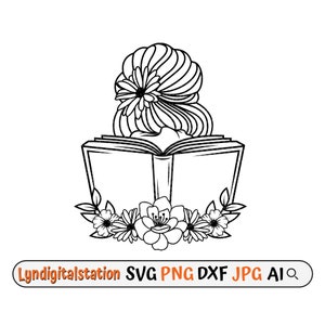 Könnte beinhalten: Schwarz-weiß-Linienzeichnung eines Buches mit einem Frauenkopf und Haaren mit Blumen auf dem Buch. Das Buch ist von Blumen umgeben.