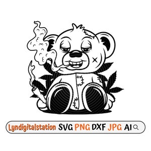 May include: Black and white illustration of a teddy bear with a stitched-up face, wearing a hoodie and smoking a joint. The bear is sitting on a bed of marijuana leaves.