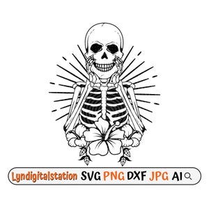 Skull Svg | Floral Skeleton Clipart | Magical Bones Smile Cut File | Human Skeleton Stencil | Halloween T-shirt Design | Horror Dxf | Png