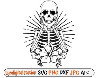 Skull Svg | Floral Skeleton Clipart | Magical Bones Smile Cut File | Human Skeleton Stencil | Halloween T-shirt Design | Horror Dxf | Png